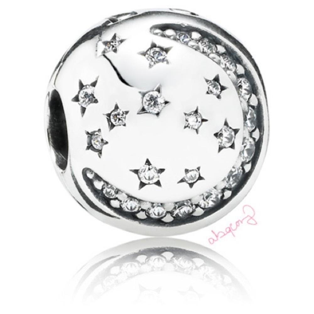 EUC Pandora 791386CZ Sterling Silver Twinkling Night Moon & Stars Clip Charm
